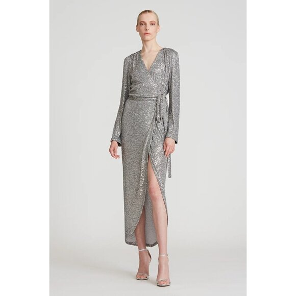 Halston Dresses & Skirts - Halston Silver Sequin Dress 6 Small Wrap Midi
